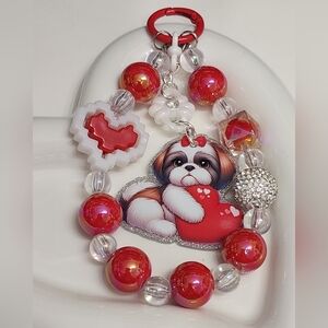 Phone Chain Dog Valentines Day Puppy Love Red White Hearts with Attachment